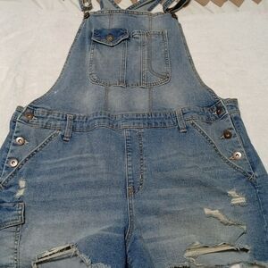 Blue Distressed Denim Overalls with Adjustable Straps